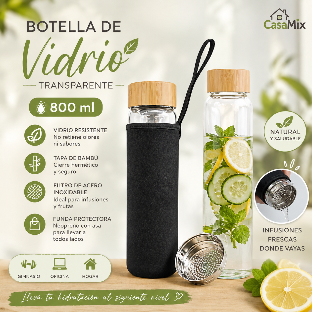Botella de Vidrio Transparente de 800 ml + Funda protectora