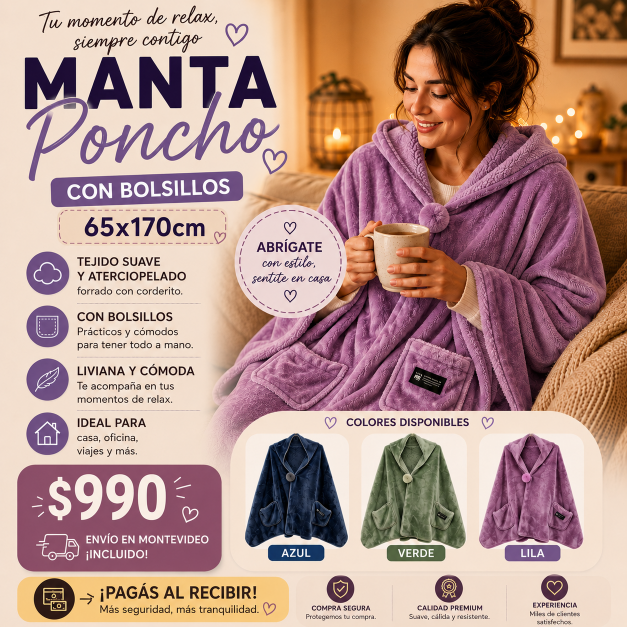 Manta Poncho con bolsillos